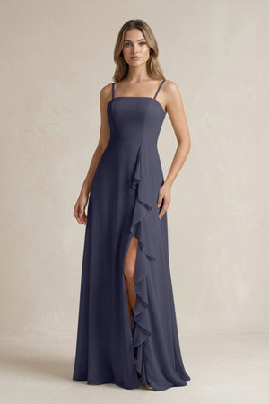 Spaghetti Strap Ruffled A - Line Chiffon Bridesmaid Dress in Dusk Blue - SHE IS ME Bridesmaid Dresses
