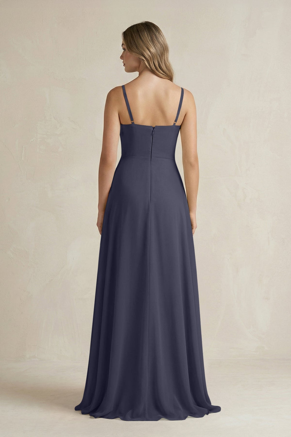 Spaghetti Strap Ruffled A - Line Chiffon Bridesmaid Dress in Dusk Blue - SHE IS ME Bridesmaid Dresses