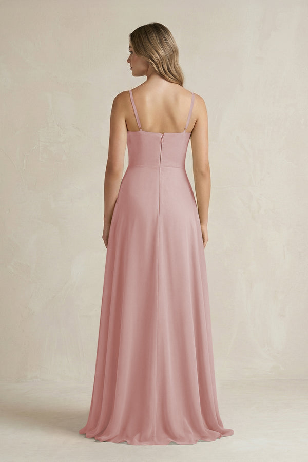 Spaghetti Strap Ruffled A - Line Chiffon Bridesmaid Dress in Dusty Rose - SHE IS ME Bridesmaid Dresses