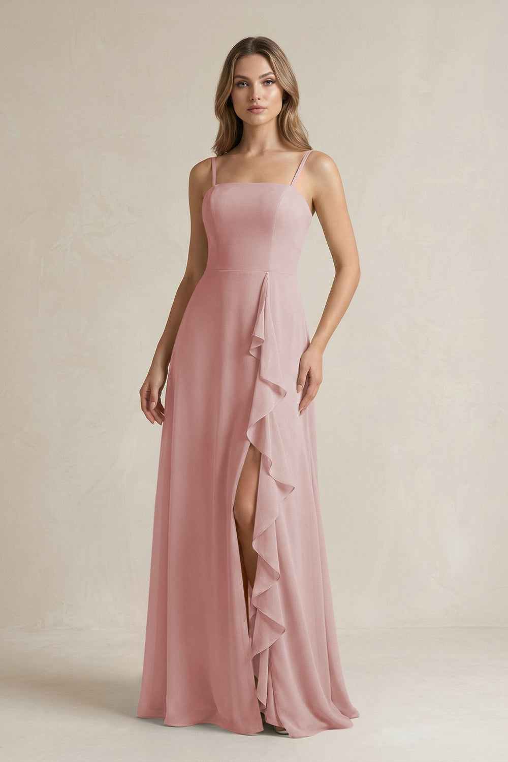 Spaghetti Strap Ruffled A - Line Chiffon Bridesmaid Dress in Dusty Rose - SHE IS ME Bridesmaid Dresses