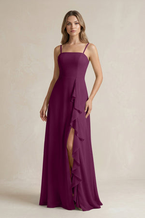 Spaghetti Strap Ruffled A - Line Chiffon Bridesmaid Dress in Fig - SHE IS ME Bridesmaid Dresses