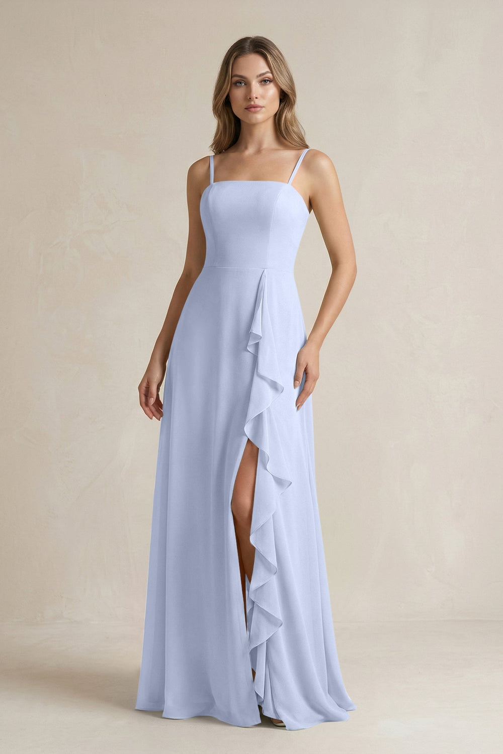 Spaghetti Strap Ruffled A - Line Chiffon Bridesmaid Dress in Ice - SHE IS ME Bridesmaid Dresses