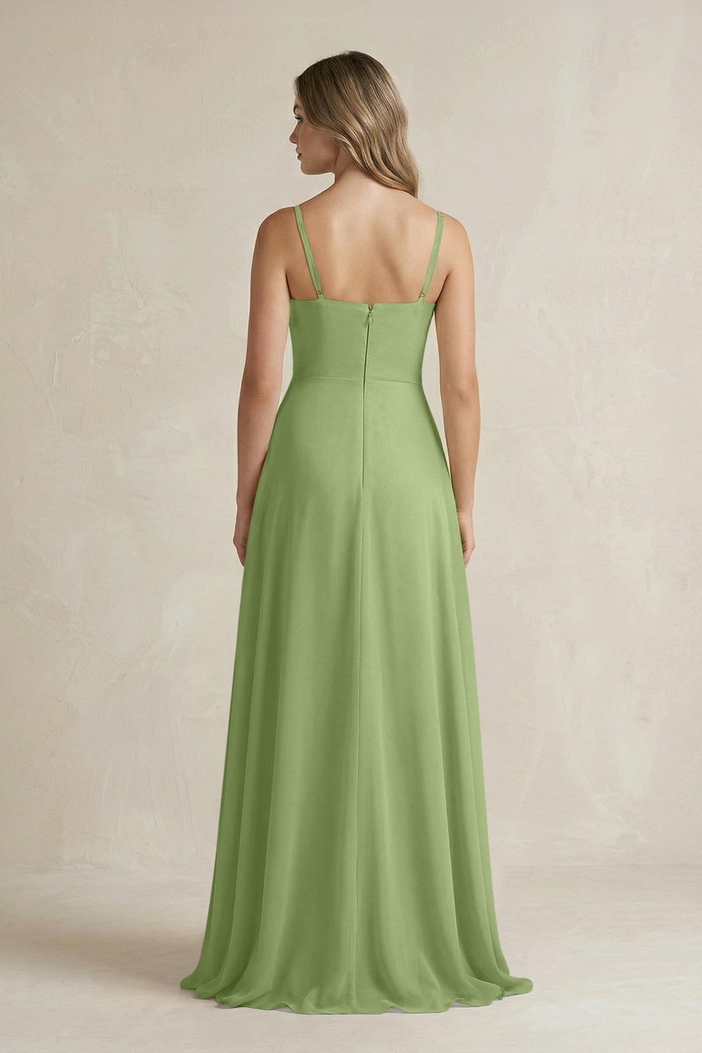 Spaghetti Strap Ruffled A - Line Chiffon Bridesmaid Dress in Matcha - SHE IS ME Bridesmaid Dresses