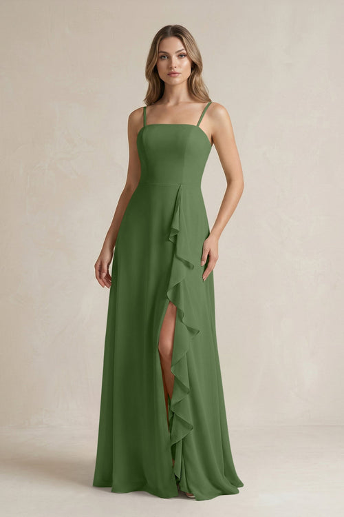 Spaghetti Strap Ruffled A - Line Chiffon Bridesmaid Dress in Moss - SHE IS ME Bridesmaid Dresses