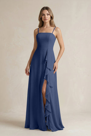 Spaghetti Strap Ruffled A - Line Chiffon Bridesmaid Dress in Navy - SHE IS ME Bridesmaid Dresses