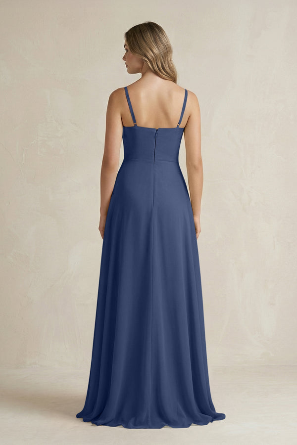 Spaghetti Strap Ruffled A - Line Chiffon Bridesmaid Dress in Navy - SHE IS ME Bridesmaid Dresses