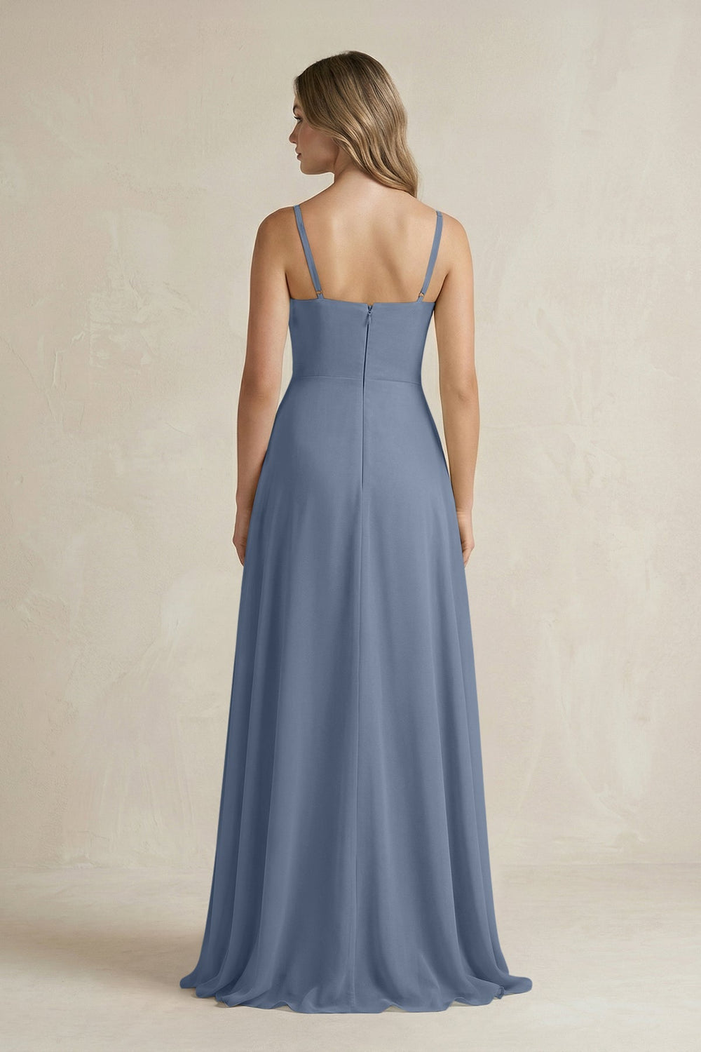 Spaghetti Strap Ruffled A - Line Chiffon Bridesmaid Dress in Neptune - SHE IS ME Bridesmaid Dresses
