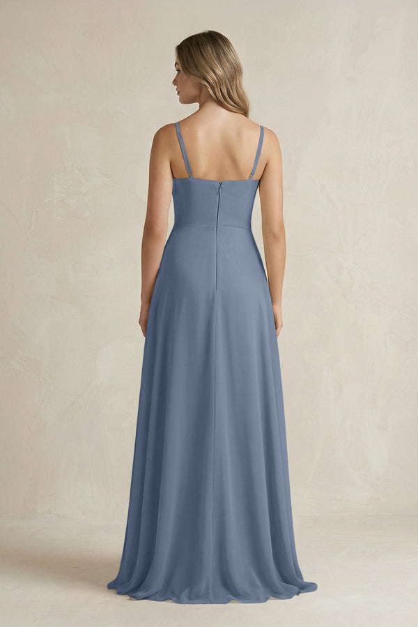 Spaghetti Strap Ruffled A - Line Chiffon Bridesmaid Dress in Neptune - SHE IS ME Bridesmaid Dresses