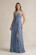 Spaghetti Strap Ruffled A - Line Chiffon Bridesmaid Dress in Neptune - SHE IS ME Bridesmaid Dresses