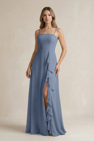 Spaghetti Strap Ruffled A - Line Chiffon Bridesmaid Dress in Neptune - SHE IS ME Bridesmaid Dresses
