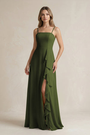 Spaghetti Strap Ruffled A - Line Chiffon Bridesmaid Dress in Olive - SHE IS ME Bridesmaid Dresses