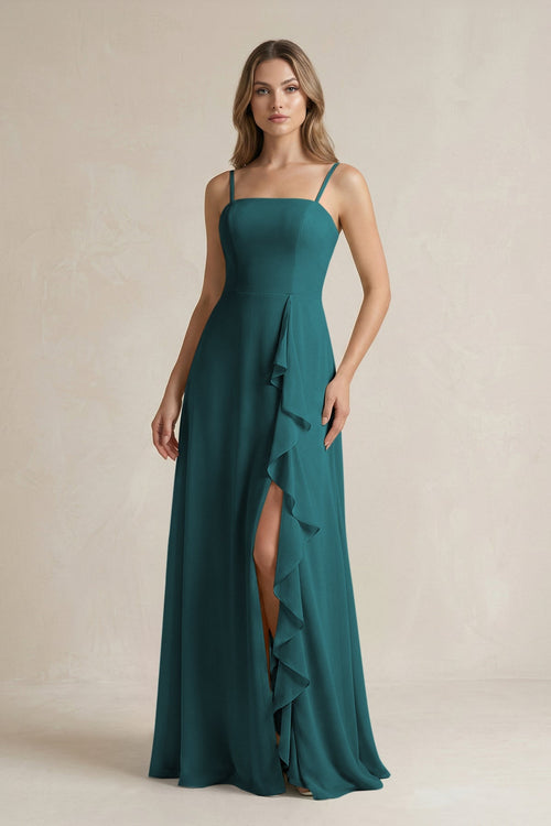 Spaghetti Strap Ruffled A - Line Chiffon Bridesmaid Dress in Pine - SHE IS ME Bridesmaid Dresses