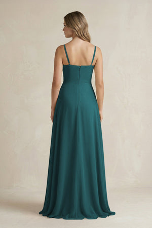 Spaghetti Strap Ruffled A - Line Chiffon Bridesmaid Dress in Pine - SHE IS ME Bridesmaid Dresses