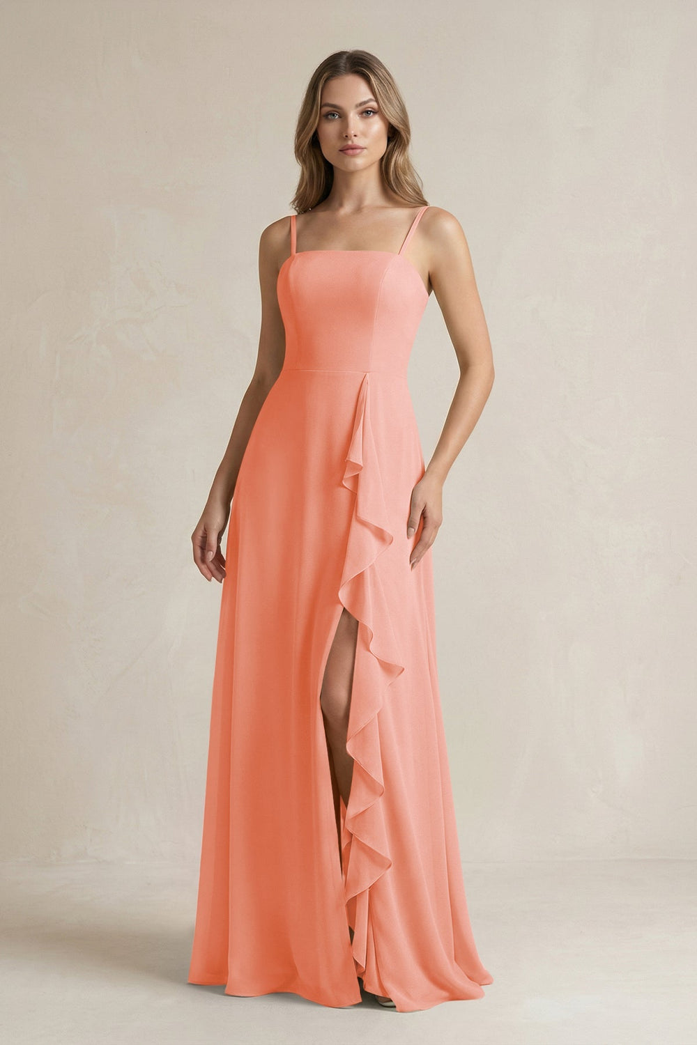 Spaghetti Strap Ruffled A - Line Chiffon Bridesmaid Dress in Rosette - SHE IS ME Bridesmaid Dresses