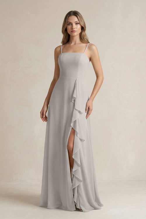 Spaghetti Strap Ruffled A - Line Chiffon Bridesmaid Dress in Silver - SHE IS ME Bridesmaid Dresses