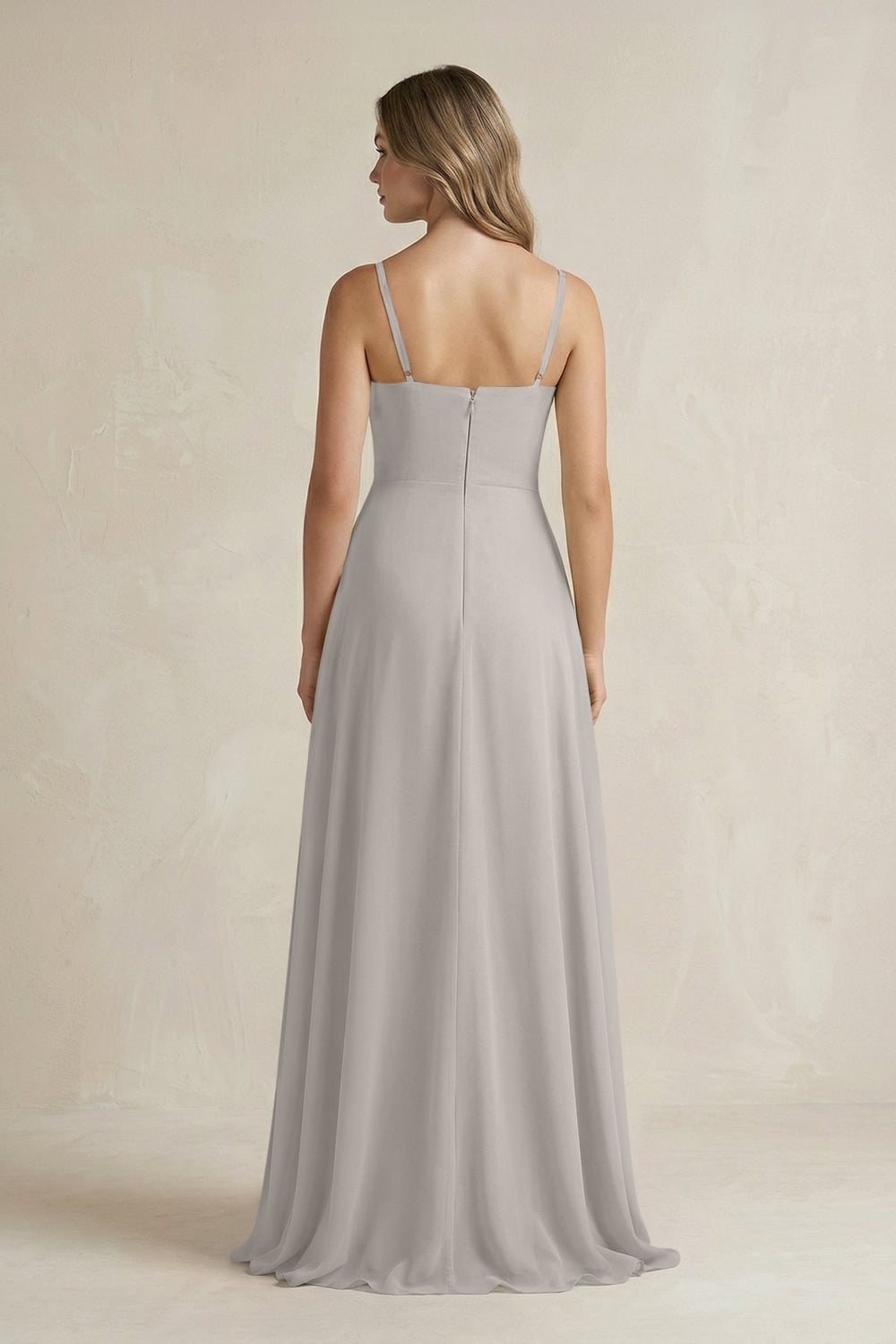 Spaghetti Strap Ruffled A - Line Chiffon Bridesmaid Dress in Silver - SHE IS ME Bridesmaid Dresses
