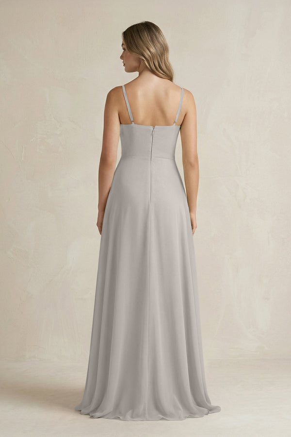 Spaghetti Strap Ruffled A - Line Chiffon Bridesmaid Dress in Silver - SHE IS ME Bridesmaid Dresses