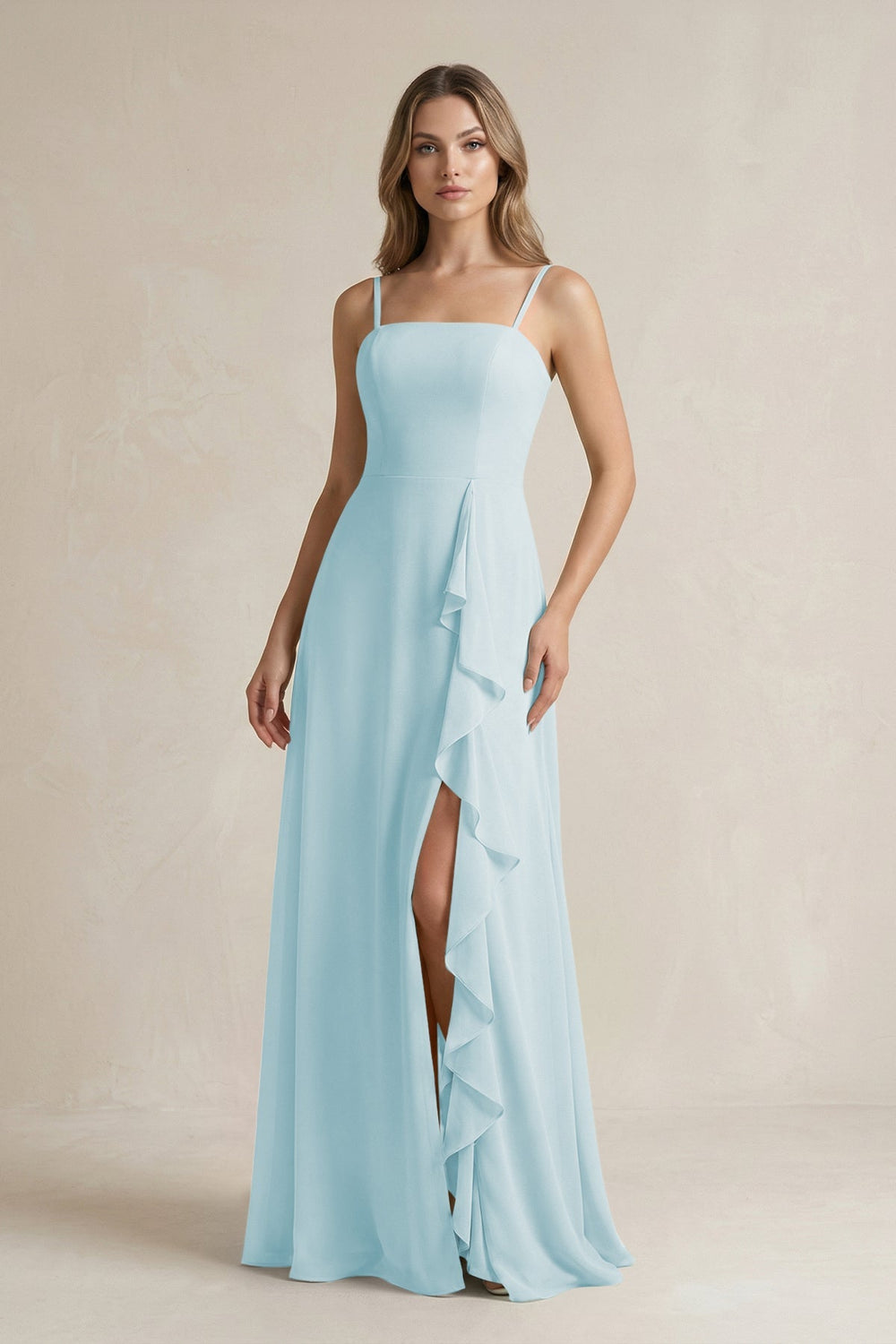 Spaghetti Strap Ruffled A - Line Chiffon Bridesmaid Dress in Sky Blue - SHE IS ME Bridesmaid Dresses