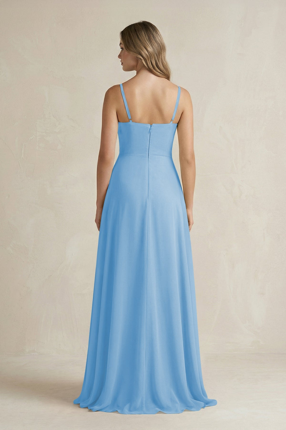 Spaghetti Strap Ruffled A - Line Chiffon Bridesmaid Dress in Steel Blue - SHE IS ME Bridesmaid Dresses