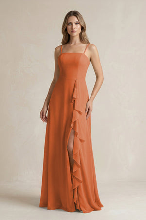 Spaghetti Strap Ruffled A - Line Chiffon Bridesmaid Dress in Terracotta - SHE IS ME Bridesmaid Dresses