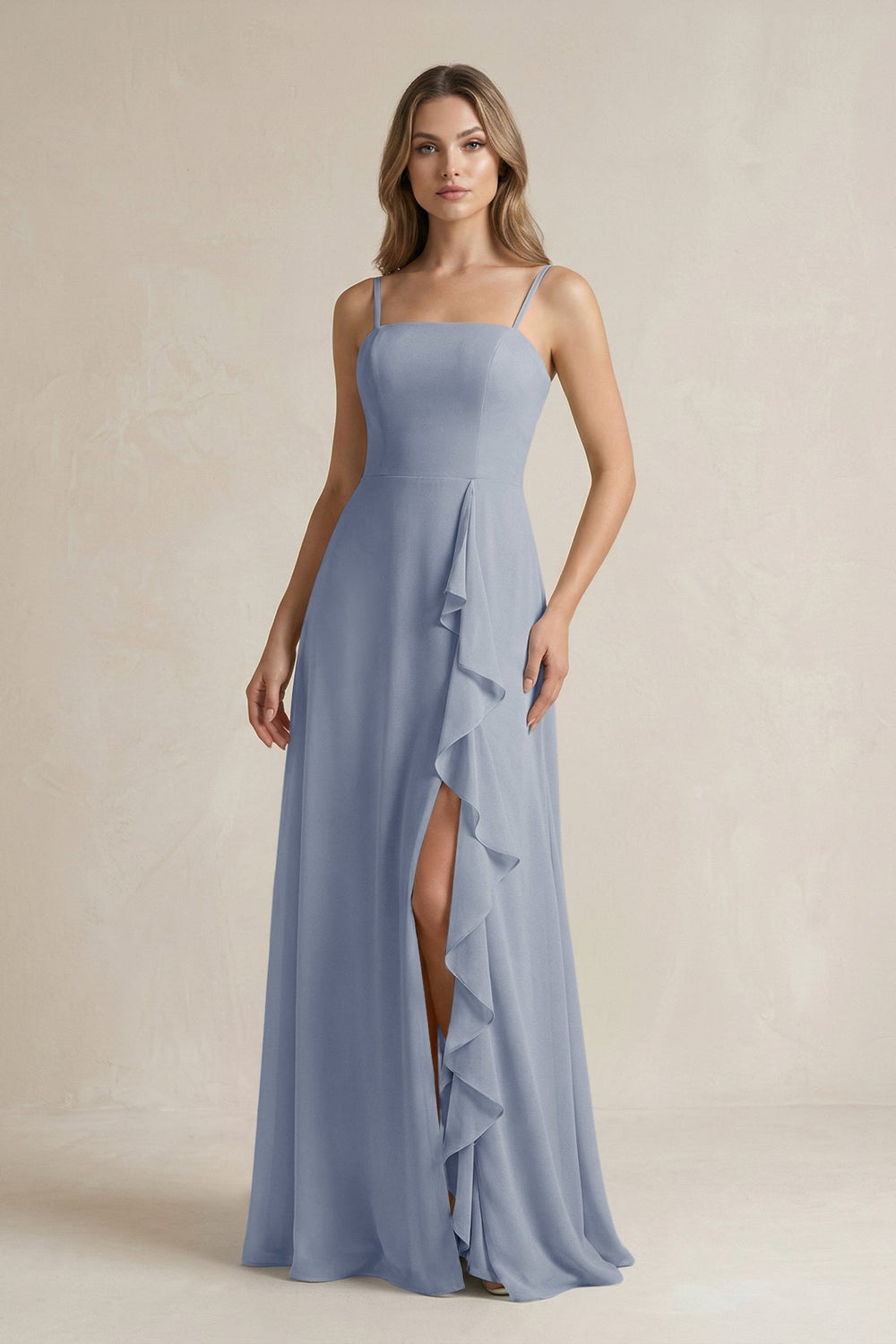 Spaghetti Strap Ruffled A - Line Chiffon Bridesmaid Dress in Twilight - SHE IS ME Bridesmaid Dresses