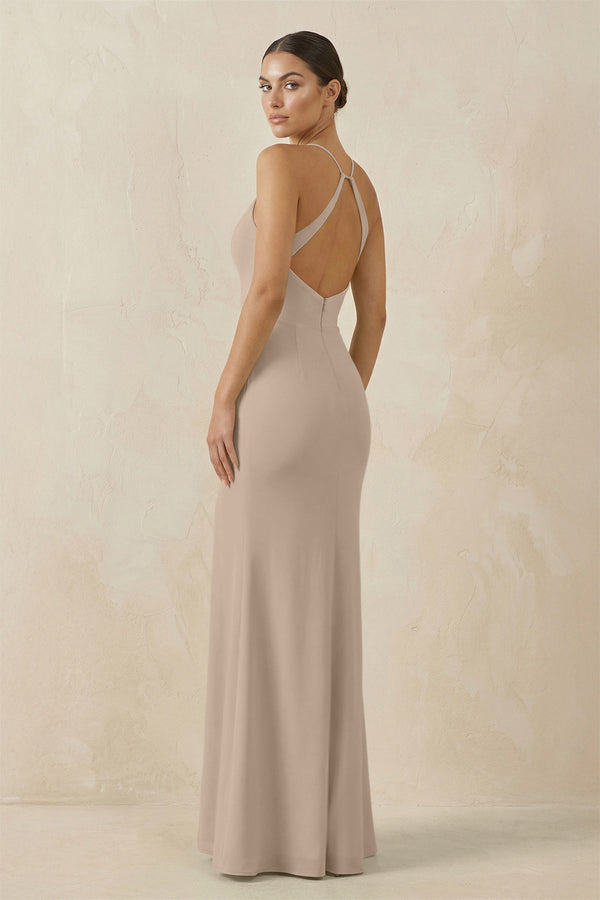 Spaghetti Strap Sheath Chiffon Bridesmaid Dress With Slit in Almond - SHE IS ME Bridesmaid Dresses
