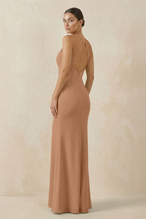Spaghetti Strap Sheath Chiffon Bridesmaid Dress With Slit in Bronzer - SHE IS ME Bridesmaid Dresses