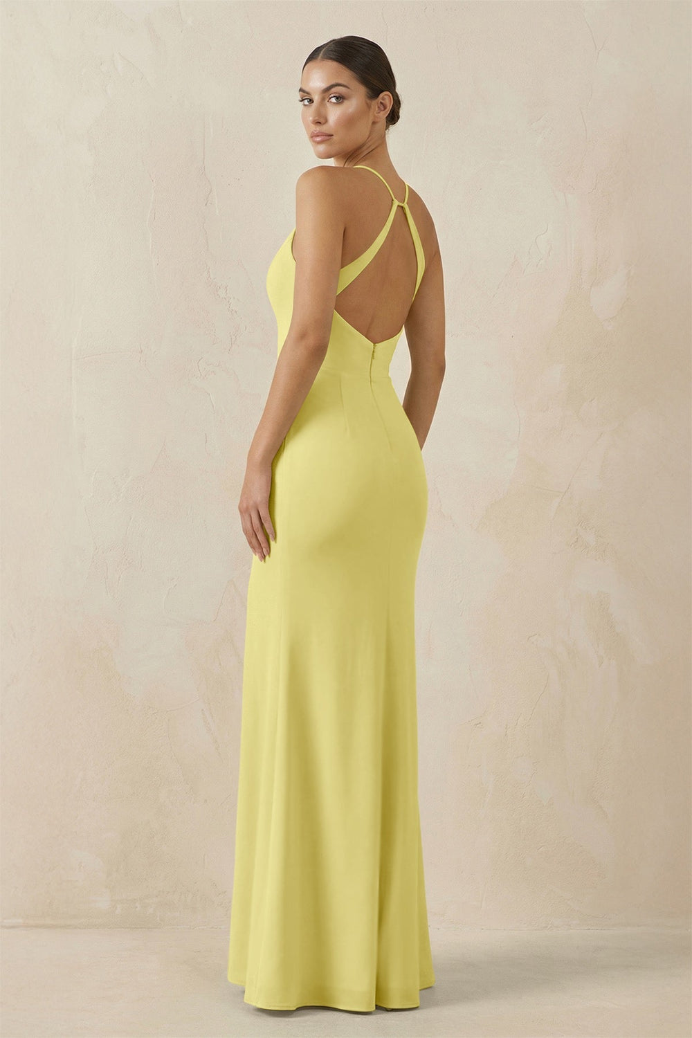 Spaghetti Strap Sheath Chiffon Bridesmaid Dress With Slit in Buttercup - SHE IS ME Bridesmaid Dresses