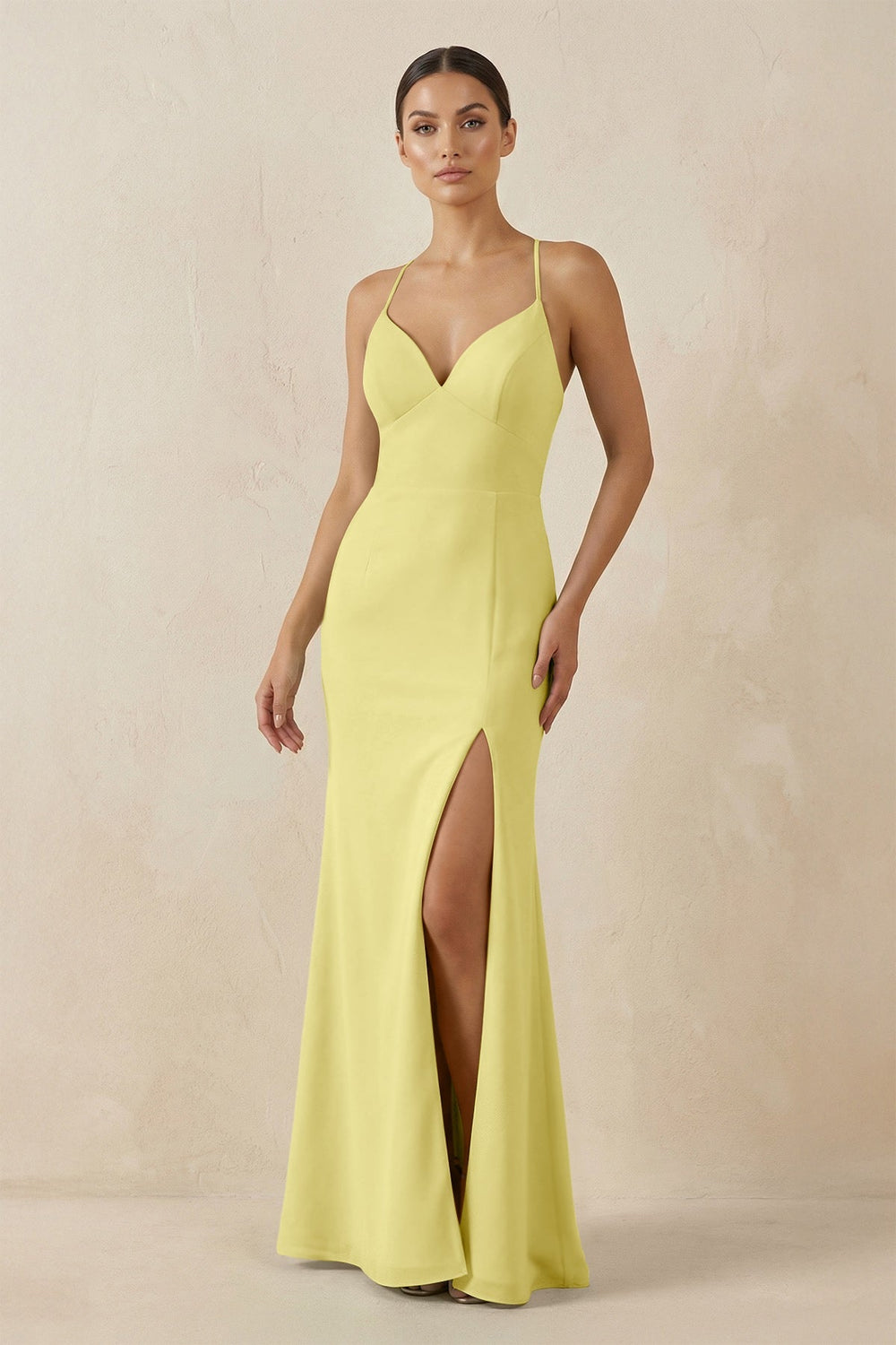 Spaghetti Strap Sheath Chiffon Bridesmaid Dress With Slit in Buttercup - SHE IS ME Bridesmaid Dresses