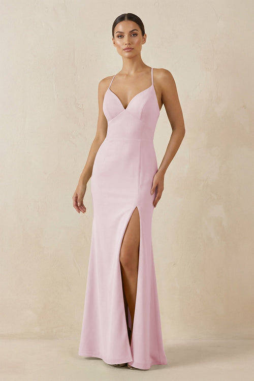 Spaghetti Strap Sheath Chiffon Bridesmaid Dress With Slit in Candy Pink - SHE IS ME Bridesmaid Dresses