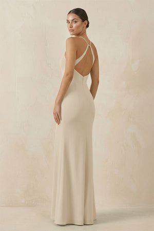 Spaghetti Strap Sheath Chiffon Bridesmaid Dress With Slit in Champagne - SHE IS ME Bridesmaid Dresses