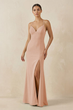 Spaghetti Strap Sheath Chiffon Bridesmaid Dress With Slit in Champagne Rose - SHE IS ME Bridesmaid Dresses