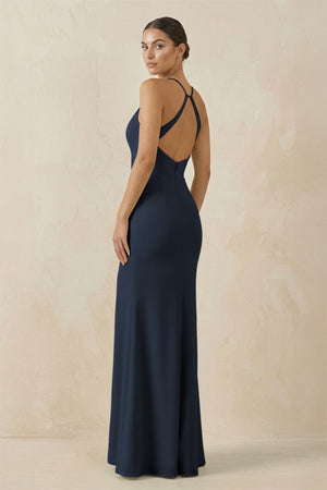 Spaghetti Strap Sheath Chiffon Bridesmaid Dress With Slit in Dark Navy - SHE IS ME Bridesmaid Dresses