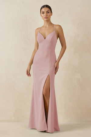 Spaghetti Strap Sheath Chiffon Bridesmaid Dress With Slit in Dusty Rose - SHE IS ME Bridesmaid Dresses