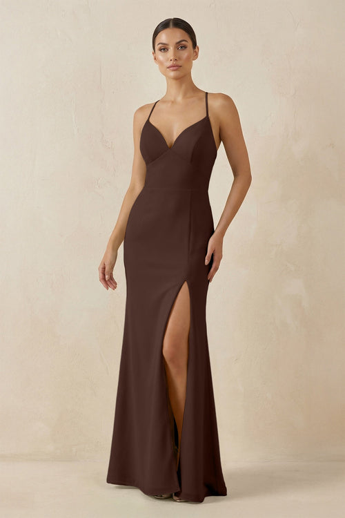 Spaghetti Strap Sheath Chiffon Bridesmaid Dress With Slit in Espresso - SHE IS ME Bridesmaid Dresses