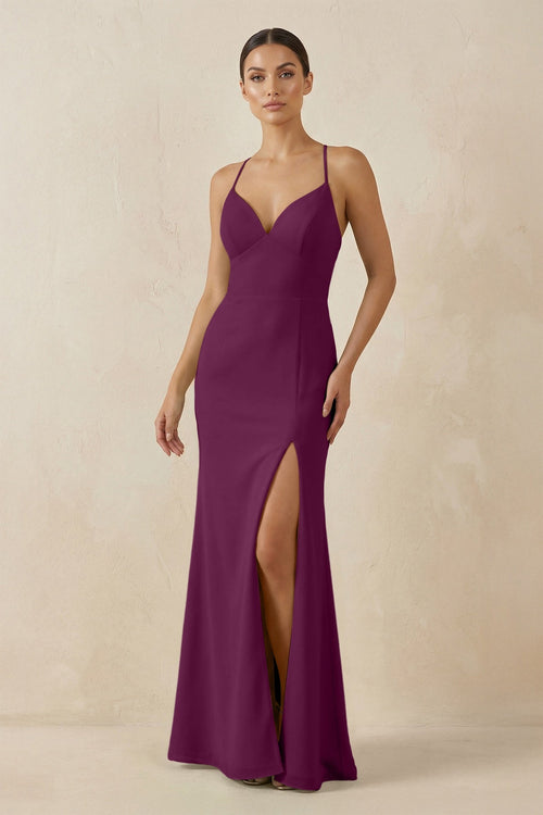 Spaghetti Strap Sheath Chiffon Bridesmaid Dress With Slit in Fig - SHE IS ME Bridesmaid Dresses