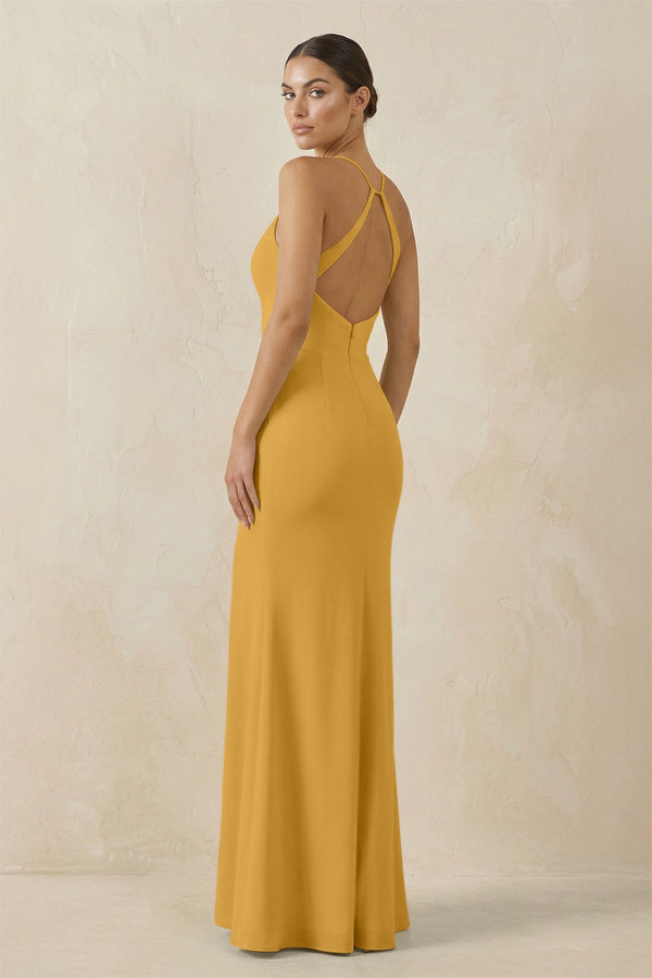 Spaghetti Strap Sheath Chiffon Bridesmaid Dress With Slit in Marigold - SHE IS ME Bridesmaid Dresses