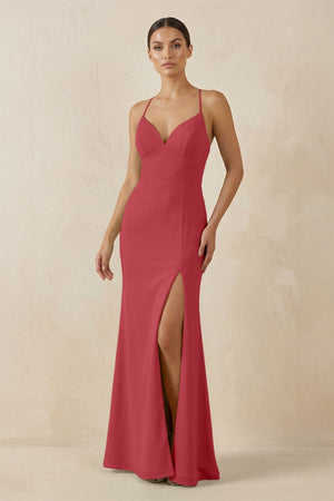 Spaghetti Strap Sheath Chiffon Bridesmaid Dress With Slit in Merlot - SHE IS ME Bridesmaid Dresses