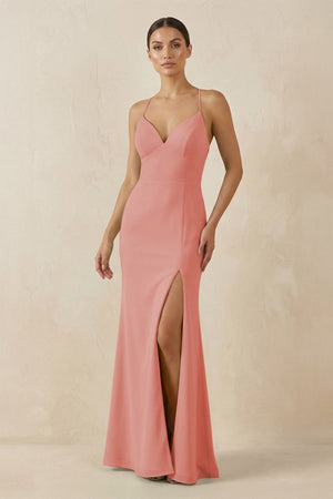 Spaghetti Strap Sheath Chiffon Bridesmaid Dress With Slit in Mulberry - SHE IS ME Bridesmaid Dresses