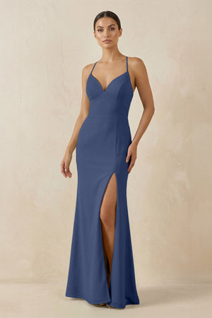 Spaghetti Strap Sheath Chiffon Bridesmaid Dress With Slit in Navy - SHE IS ME Bridesmaid Dresses