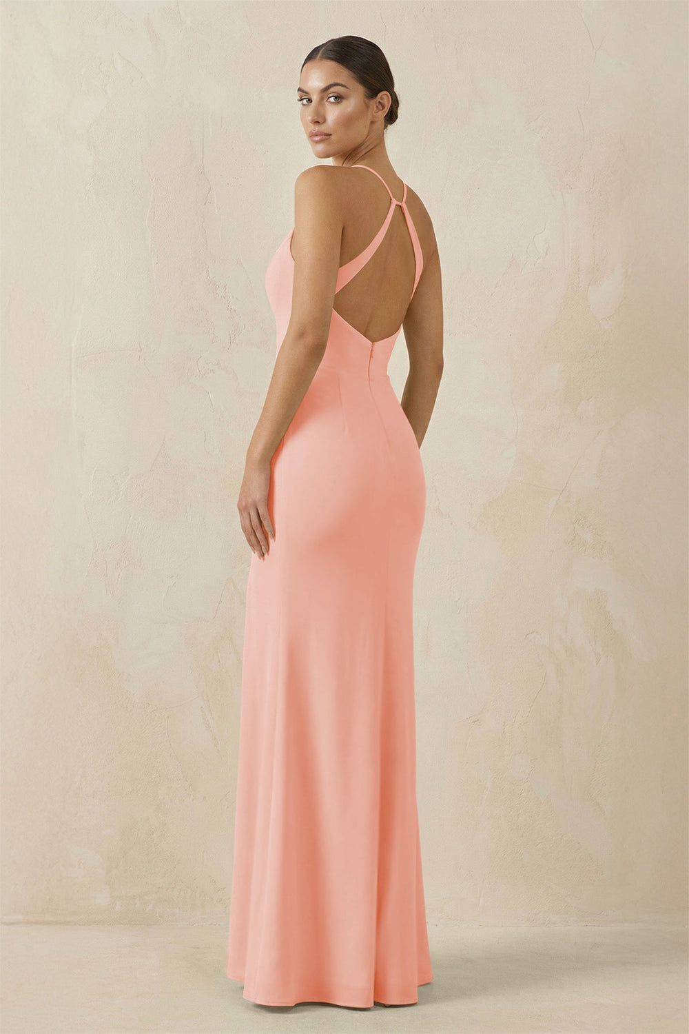 Spaghetti Strap Sheath Chiffon Bridesmaid Dress With Slit in Rose Petal - SHE IS ME Bridesmaid Dresses