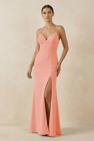 Spaghetti Strap Sheath Chiffon Bridesmaid Dress With Slit in Rosette - SHE IS ME Bridesmaid Dresses