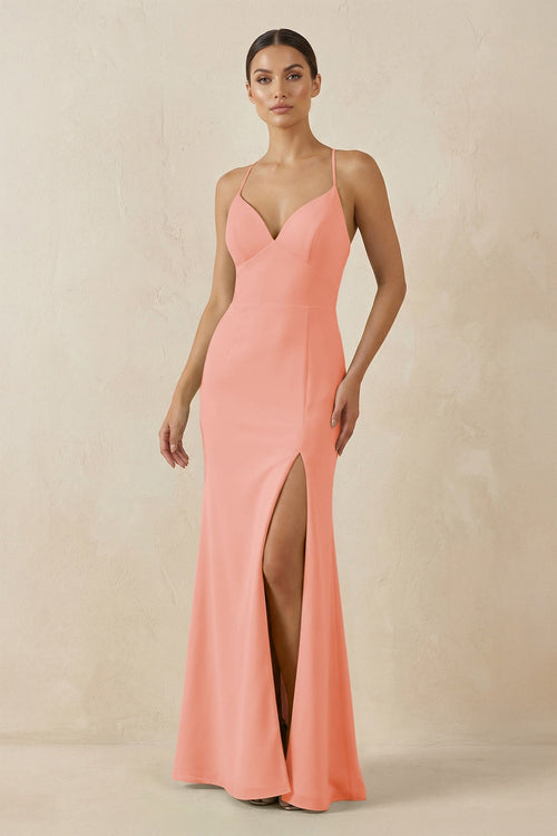 Spaghetti Strap Sheath Chiffon Bridesmaid Dress With Slit in Rosette - SHE IS ME Bridesmaid Dresses