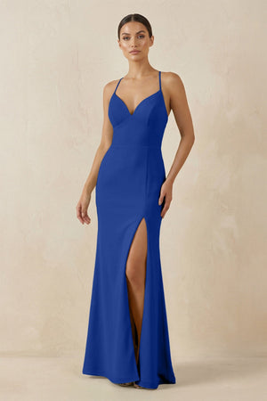 Spaghetti Strap Sheath Chiffon Bridesmaid Dress With Slit in Royal Blue - SHE IS ME Bridesmaid Dresses