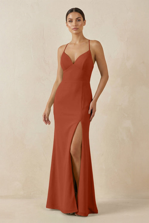 Spaghetti Strap Sheath Chiffon Bridesmaid Dress With Slit in Spice - SHE IS ME Bridesmaid Dresses