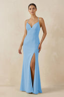 Spaghetti Strap Sheath Chiffon Bridesmaid Dress With Slit in Steel Blue - SHE IS ME Bridesmaid Dresses
