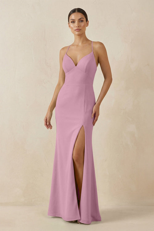 Spaghetti Strap Sheath Chiffon Bridesmaid Dress With Slit in Vintage Mauve - SHE IS ME Bridesmaid Dresses