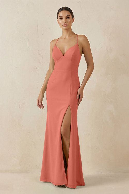 Spaghetti Strap Sheath Chiffon Bridesmaid Dress With Slit in Wild Rose - SHE IS ME Bridesmaid Dresses
