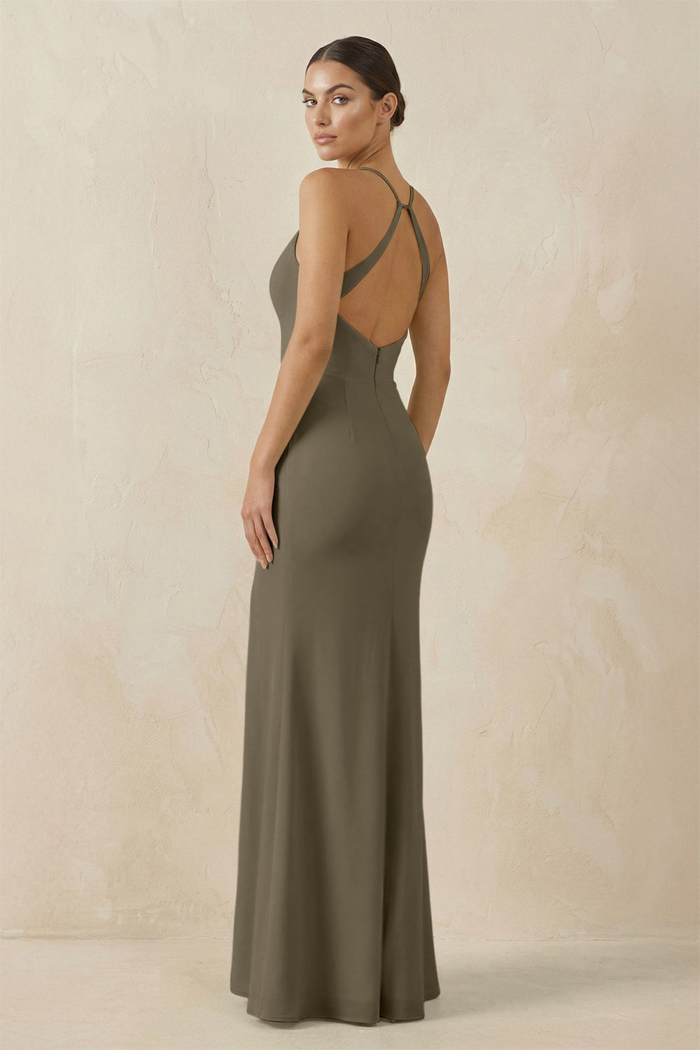 Spaghetti Strap Sheath Chiffon Bridesmaid Dress With Slit in Willow Green - SHE IS ME Bridesmaid Dresses