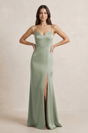 Spaghetti Strap Sheath Satin Bridesmaid Dress in Dove Gray - SHE IS ME Bridesmaid Dresses